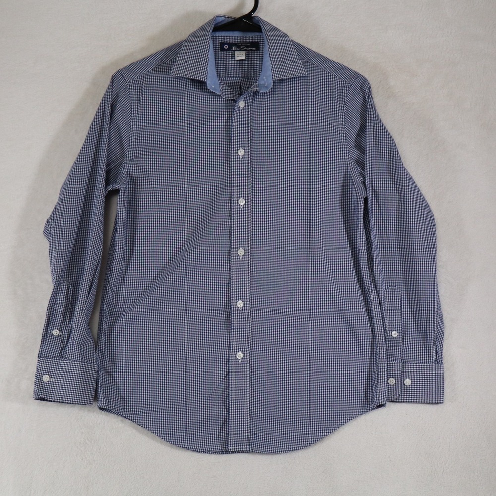 Ben Sherman Gingham Blue Checks Long Sleeve Button Down Collar Dress Shirt Sz 14